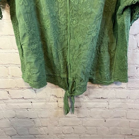 LANE BRYANT Green Embroidered Top Size 14/16 Cotton Short Sleeve Tie Front Boho - Picture 5 of 10
